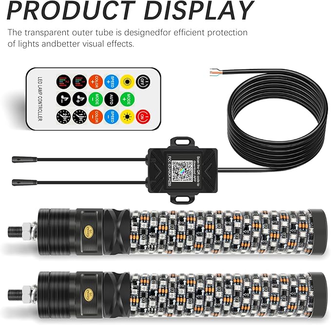 DREAMIZER 2PCS 1FT Fat Spiral Led Whip Lights with APP&Remote Control RGB Chasing Dancing Lighted Antenna Whips Compatible with Can-Am X3 UTV ATV RZR SXS Dune Buggy Offroad Truck