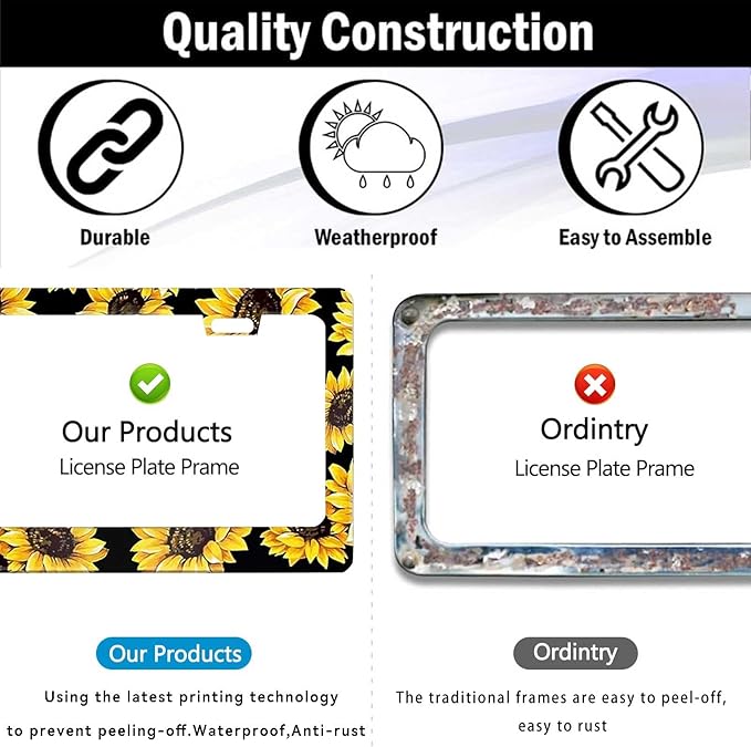 Sunflower License Plate Frame Nature Theme Sunflower License Plate Holder Auto Accessory Bracket Aluminum Floral License Tag Plate with Screws 6x12 Inch-1Pcs