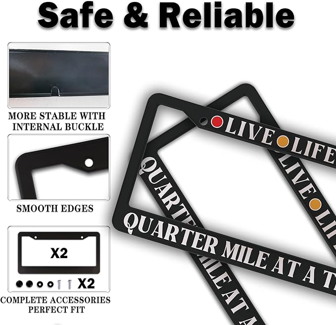License Plate Frames Black and White Fun License Plate Frame Cover Live Life, Quarter Mile at a Time Universal Aluminum Car Accessory 2 Pack with Screw Covers Set