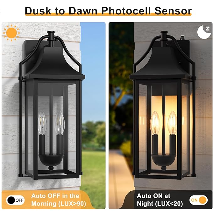 𝟏𝟖𝑰𝑵 Outdoor Wall Sconce Fixture, Dusk to Dawn Patio Lights Waterproof Exterior Lanterns, 2-Light Modern Wall Light Mounted with Glass, Black Outside Lights for House Front Door Entryway