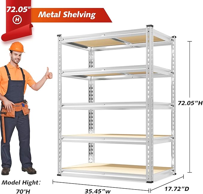 REIBII 72.05" H Storage Shelves 2300LBS Garage Shelving Heavy Duty Metal Shelving 5 Tier Garage Shelves Adjustable Metal Shelf for Kitchen Basement Pantry 35.45" W x 17.72" D x 72.05" H