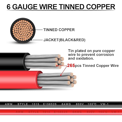 6 Gauge Wire - iGreely 30 FT Red & 30 FT Black 6 Gauge Tinned Copper Electrical Wire Cable for Car Audio Automotive Trailer Marine Harness Wiring 6AWG 30Ft