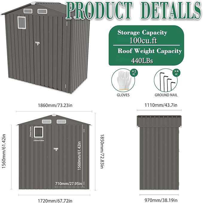 6x3.6FT Outdoor Storage Shed, Galvanized Steel Garden Shed with Lockable Door & Window, Waterproof Metal Tool Storage for Garden, Backyard, Patio, Lawn(Peak Roof)