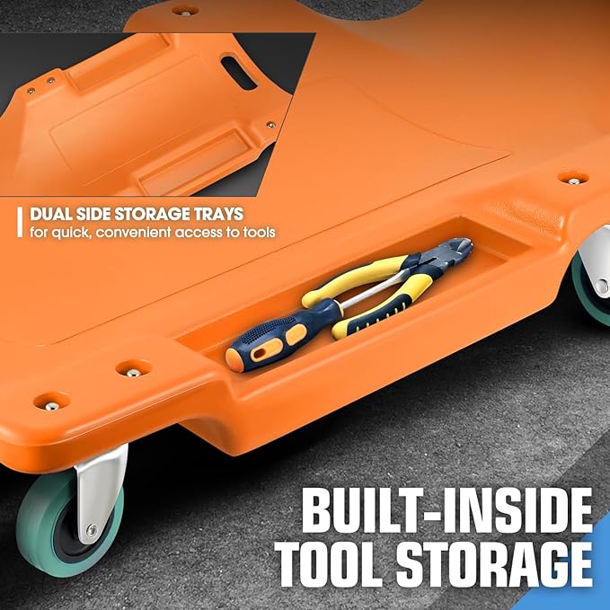 DNA MOTORING 40" L X 19" W Vehicle Repair Low Profile Plastic Rolling Garage Shop Creeper with Padded Headrest,Tool Trays & 6pcs Casters, Orange, TOOLS-00217-OG