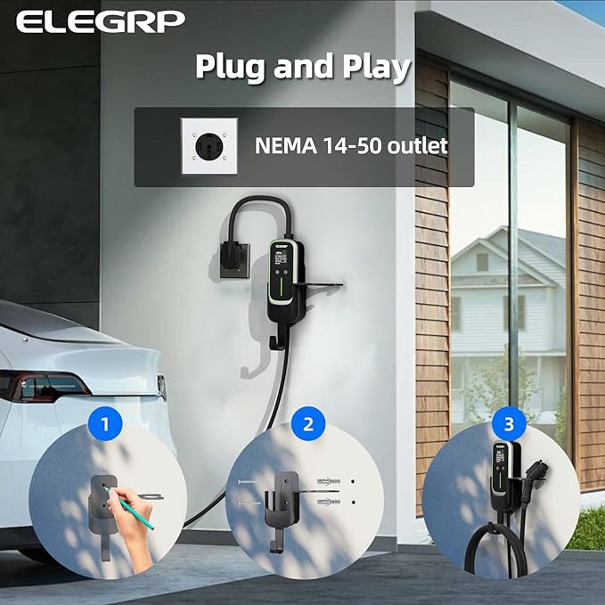 ELEGRP Level 2 EV Charger for Home, 40 Amp, ETL Certified, PBE & LCD Technology, 25ft J1772 Cable with NEMA 14-50 Plug, Plug and Play, 240V for BEVs/PHEVs