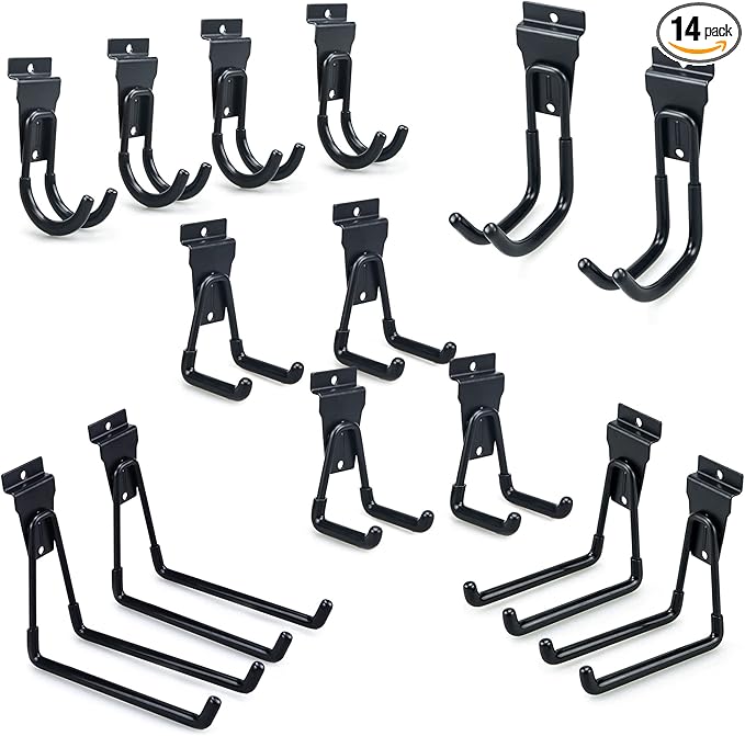 Slatwall Hooks, Slat Wall Accessories Multi Size Garage Hooks Storage Utility Hanging Hooks Wall Mount Tool Holder for Ladder Garden Tools (14 Pack, Black)