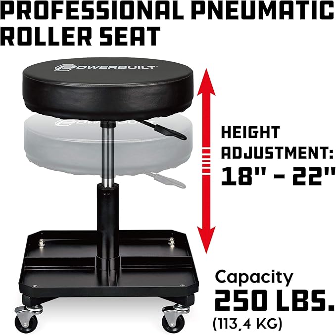 Powerbuilt Rolling Seat, Height-Adjustable Garage Stool with Tool Tray, Smooth and Padded for Car Repair, Detailing, Comfort - 640834, Black