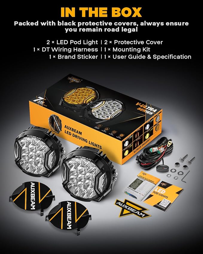 Auxbeam V-Ultra Series 7 Inch Round Off-Road Lights, Amber DRL Light Bar, 270 Degree Side Shooter LED Pods, 226W 26800LM Offroad Driving Lights with Protective Covers, Pair