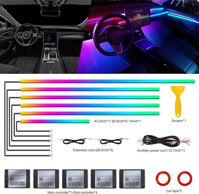 Dream+Color Acrylic Interior Car LED Strip Light with Wireless APP, RGB 6 in 1 with 175 inches 593 LEDs Fiber Optic Strip Lights for Car, Dynamic Chasing Music Sync Neon Ambient Lighting Kits