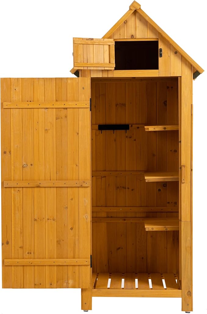 30.3" L X 21.3" W X 70.5" H Outdoor Storage Shed with Waterproof Roof, Solid Fir Wood Frame, and 3 Compartments for Garden Tools, Mower, and Hose,Natural Wood