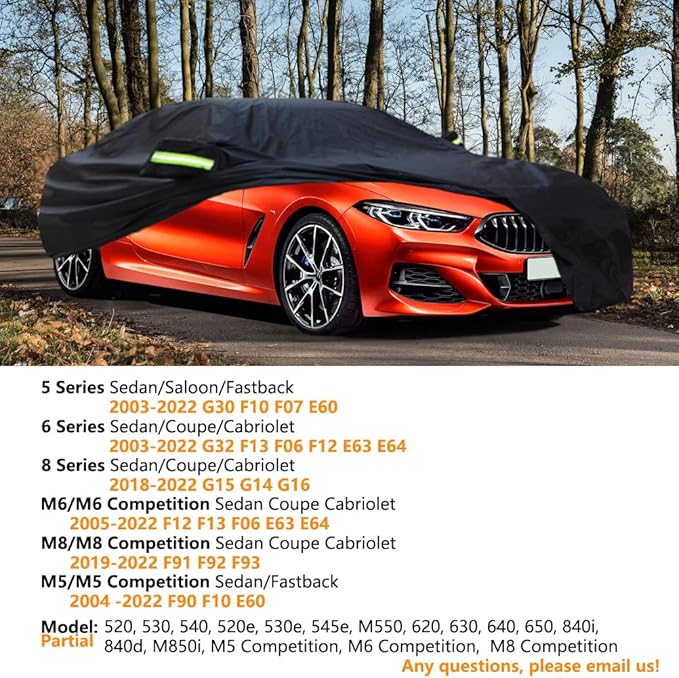 Upgraded Car Cover Compatible with BMW 5 Series(2003-2025) M5 Sedan/ 6 Series(2003-2024) 8 Series(2018-2025) M6 M8, Waterproof Car Covers with Cotton Lining, Outdoor Rain Snow Sun UV Cover