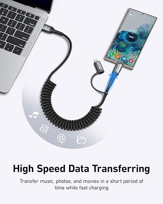 Coiled USB C to USB C and Lightning Cable 2 in 1, 3FT 2Pack Braided Cord Fast Charging Type C Car Charger for iPhone 16 15 14 13 12 11,iPad, Samsung Galaxy, Google Pixel, Moto, LG, TCL Phones