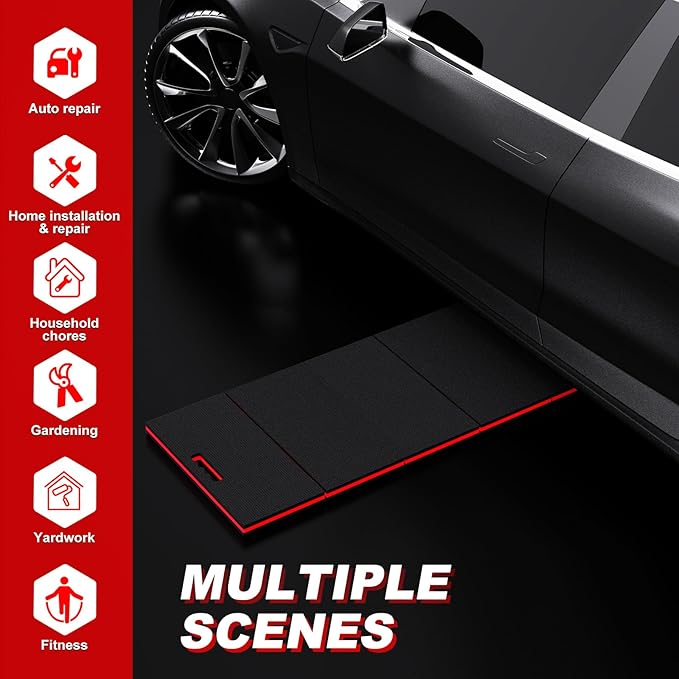 Thick Mechanic Mat, Foldable EVA Mat with Magnetic Tool Compartments, Waterproof Mechanic Kneeling Pad with Handle for Garage Workshop Repairing Gardening, 46.5" x 15.8" x 1.1 ", Black & Red