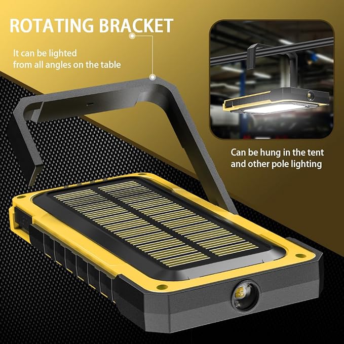 WARSUN Portable Rechargeable Magnetic Work Light, LED Flood Light Waterproof for Outdoor Camping Hiking Emergency Car Repairing (USB + Solar Charging, Yellow)
