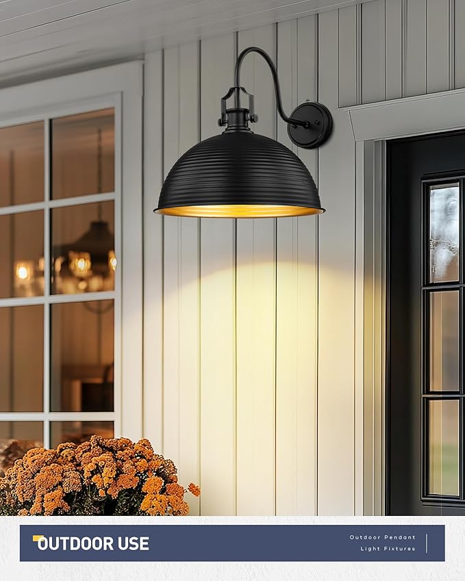 kudos Porch Light Motion Sensor 15.5" Large Outdoor Gooseneck Barn Light Fixture Black Farmhouse Wall Sconce Lantern for Entryway Garage, 1 Pack, KDOWL04-BK-L-LC