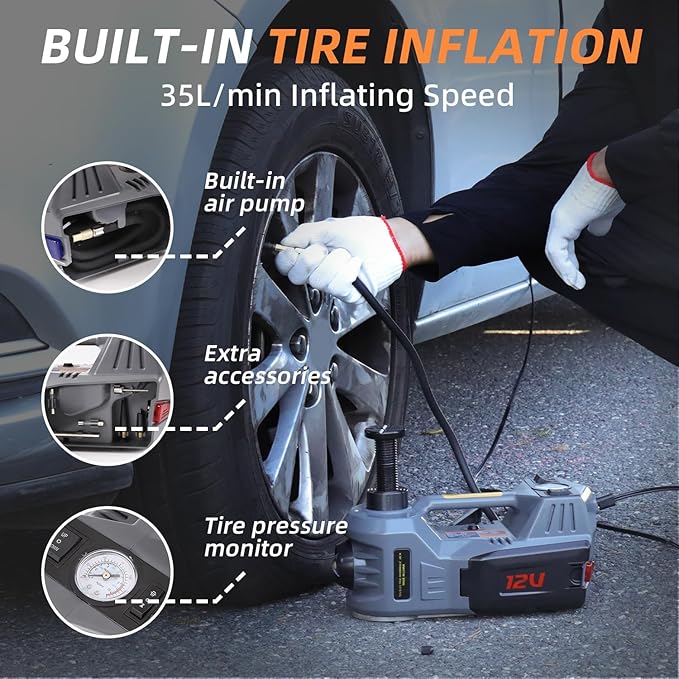 STANDTALL Electric Car Jack Kit 5T 12V Electric Floor Jack Lift for Vehicle, Electric Hydraulic Jack Auto Repair Tool Set with Built-in Inflator and Impact Wrench