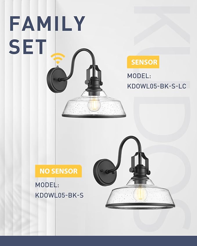kudos Dusk to Dawn Outdoor Wall Sconce, Exterior Garage Light Fixtures, Farmhouse Waterproof Outdoor Gooseneck Barn Light Motion Sensor, Seeded Glass 1 Pack, KDOWL05-BK-S-LC