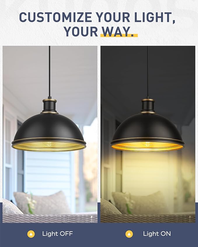 kudos Outdoor Pendant Light, 12" Large 1-Light Hanging Porch Lights, Black Outside Chandelier for Porch Gazebo Patio Entryway, KDOPL03-BK-S