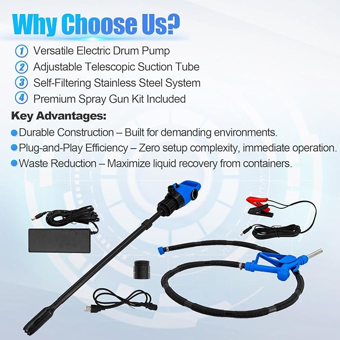 120V AC Electric Drum Pump with 12V DC Power, 55 Gallon Drum Pump with Built-in 2-Inch Bung Adapter, 5 Gallons Per Minute Flow Rate Liquid Transfer for DEF Diesel Water Antifreeze