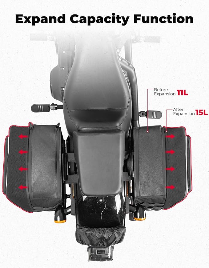 KEMIMOTO Motorcycle Saddlebags Expandable 22-30L (11-15Lx2) with Quick-Release Brackets PU Leather Handbag Waterproof with Rain Cover Compatible with Dyna Softail Cruiser Rebel Vulcan