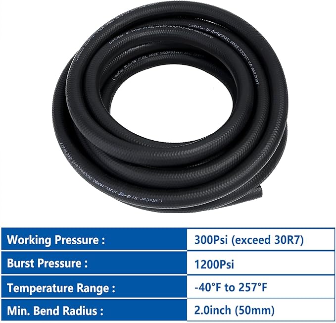 LokoCar Rubber Fuel Hose Line Push Lock 3/16" ID SAE 30R7 NBR 25ft 300PSI Black