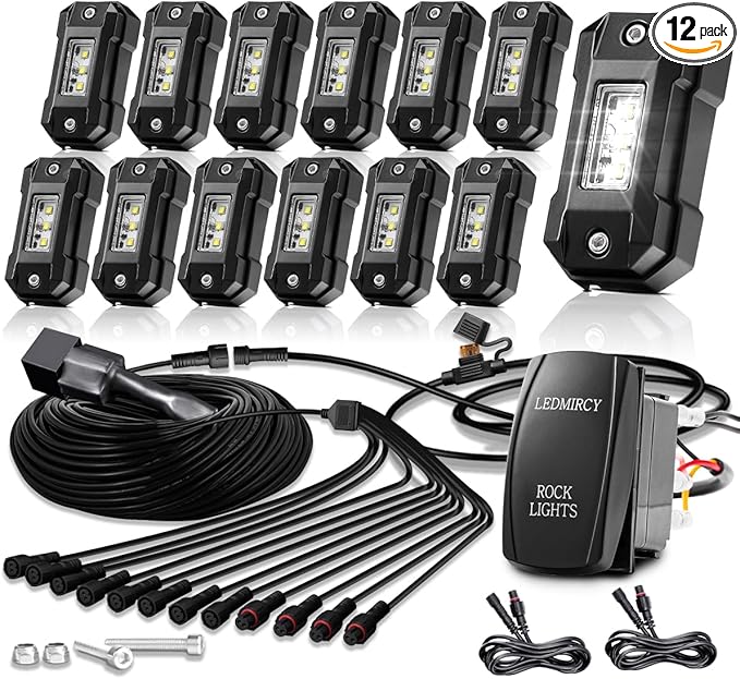 R4 Pure White LED Rock Lights Kit with Roker Switch Wire Harness 12PCS Rock Lights White for Offroad Trucks ATV UTV SUV Underglow Light Trail Rig Light Under Body High Power Waterproof