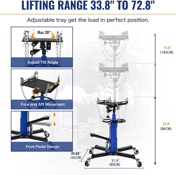 Transmission Jack with 1 Stage Hydraulic Ram, 1322 LBS Hydraulic Telescoping Transmission Jack with Foot Pedal & 360° Swivel Wheels, Heavy-Duty Garage/Workshop Jacks for Car/Truck Repairs, Blue