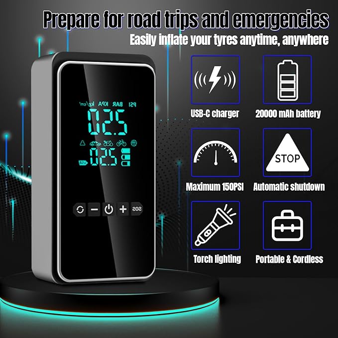 Tire Inflator Portable Air Compressor with Tire Repair Kit, 150PSI & 3X Faster Cordless Tire Pump with LCD Dual Display for Car, Bike, Motorcycle, Ball