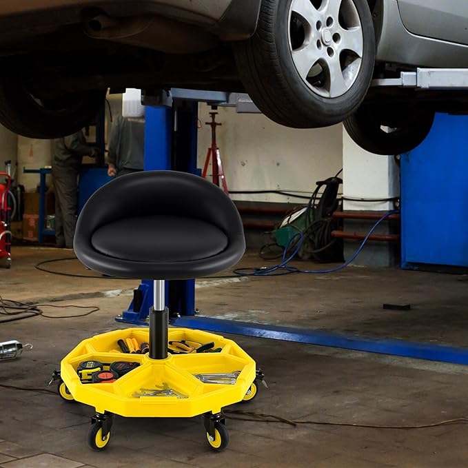 Goplus Rolling Garage Stool, 20”-25” Height Adjustable Mechanic Stool w/Magnetic Tool Tray, 2.5" Thick Padded Seat, Universal Lockable Wheels, Pneumatic Creeper Seat for Repair Shop, 350LBS Capacity