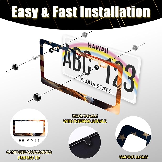 Patriotic Eagle License Plate Frame American Flag Eagle License Plate Holder Stainless Steel Colorful Car Accessories Decoration 6.3" X 12.3" with 2Holes Screws