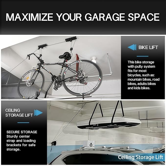 Cargo Box Ceiling Hoist – Garage Pulley Lift System for Rooftop Cargo Carrier Fits Garage or Shed with 100lb Capacity for Bicycles or Ladders or Roof Luggage Box or Roof Luggage Frame