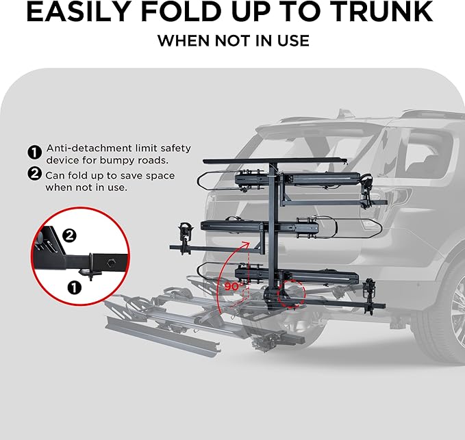 Rockland Foldable 3-Ebike Rack with Ramp, 250 lbs Capacity, Hitch Mount Electric Bike Rack, Fits up to 5" Fat Tire Width and 50" Wheelbase, Ebike Carrier Rack for 2" Receiver for Cars SUVs Vans RVs