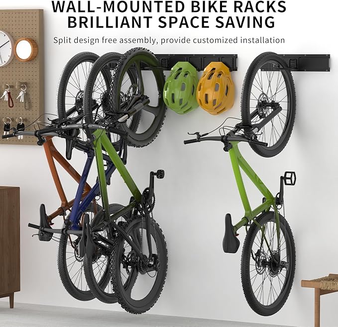 Bike Storage Rack 32Inch for 4 Bikes + 3 Helmets, Up to 300lbs, Heavy Duty Bike Hangers for Garage, Bike Hooks for Garage, Solid Steel Bicycle Storage, Bike Wall Mount, Black