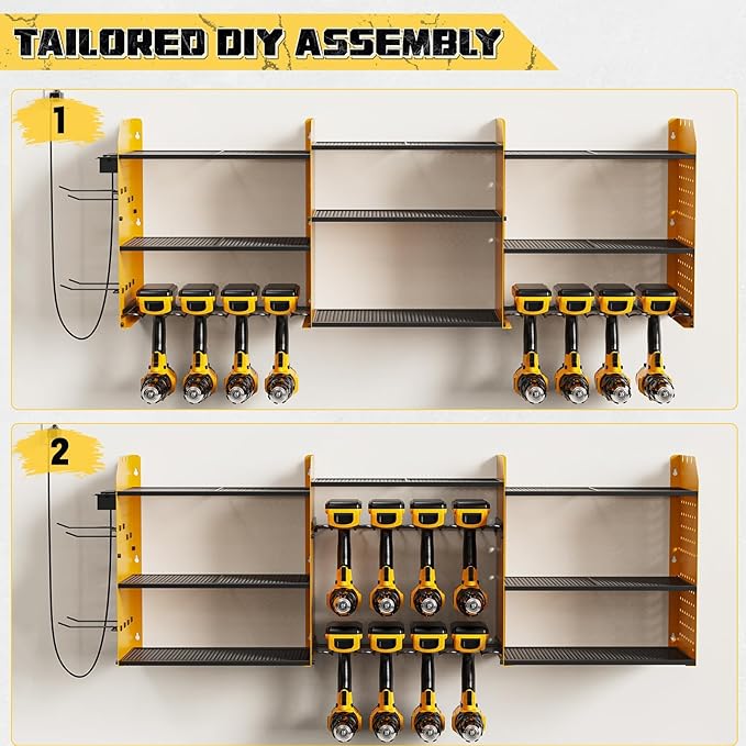 Power Tool Organizer with Charging Station Wall Mount, 3 Layer Expanded Heavy Duty Garage Organization, 45.5 Inch Length Garage Tool Storage, 8 Drills, 2 Assemble Method, Yellow