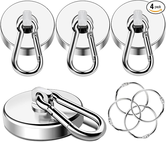 MIKEDE Strong Magnetic Hooks Heavy Duty, 200LBS+ Swivel Neodymium Magnets with Carabiner Hook, Hooks for Hanging, Curtain, Home, Workplace - 4 Pack
