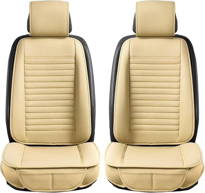 Universal Leather Car Seat Covers Full Set, Car Seat Cushion Covers Protector for Cars SUV Pick-up Truck Van Interior Accessories(Beige)