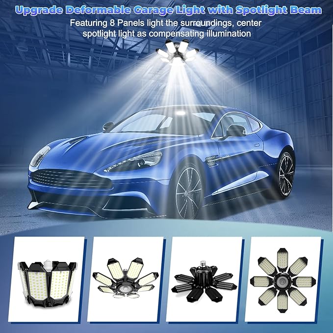 Garage Lights - Super Bright 25000LM Garage Lights Ceiling Led w/ 8 Deformable Panels 6500K Led Light Bulb Srew in E26/E27 Socket with Adjustable Center Spotlight for Barn Workshop Attic