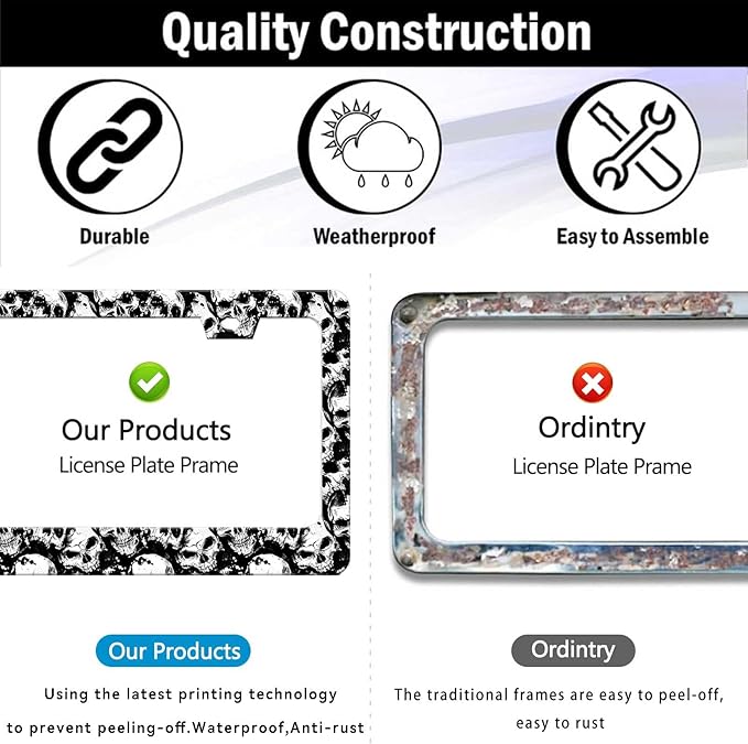 2Pack of Skull License Plate Frames Horror Skull Car Decor Accessories,Metal Black and White Skull License Plate Frame Cover Tag Holder Bracket