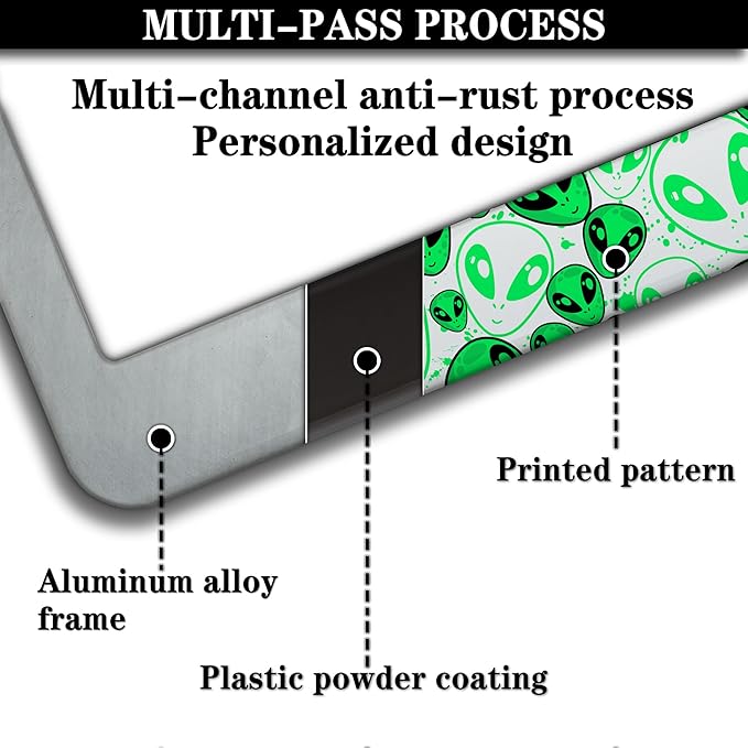 License Plate Covers for Men Green License Plate Frames for Women Alien Universal Aluminum Car Accessory 2 Pack with Screw Covers Set