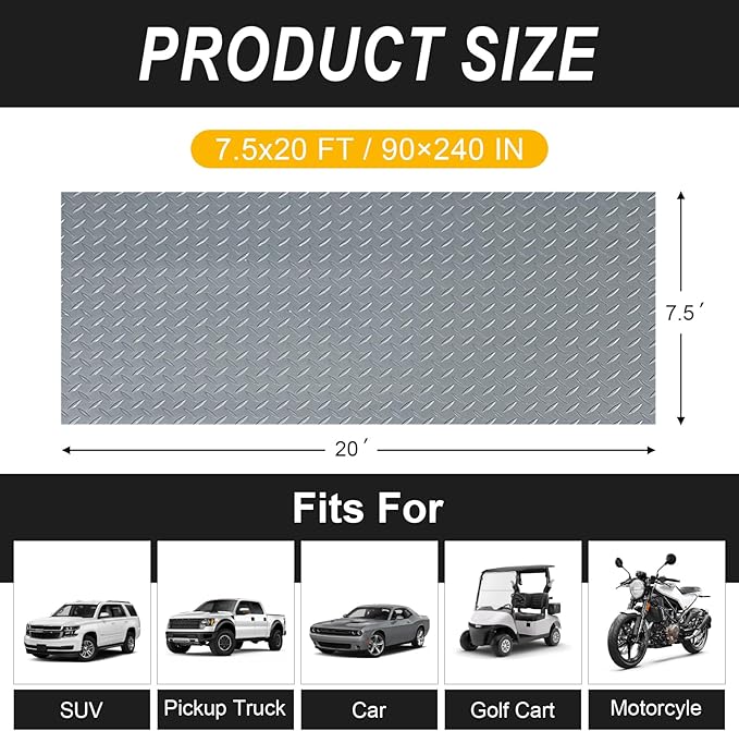 7.5x20 FT Garage Floor Mat, 2.8mm Thickened Flooring Roll with 20Pcs Tapes, Diamond Plate PVC Rubber Trailer Mat, Non-Slip Floor Protector Mat for Garage, Warehouse, Gyms, Trailer(Matte Gray)