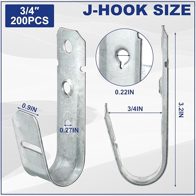 Gisafai 200 Pcs Cable Support J-Hook, 3/4 Inch Metal Garage Hooks for Hanging, Heavy Duty Network for Cable and Wire Management Wall Attaching J Utility, G60 Galvanized Steel, Silver