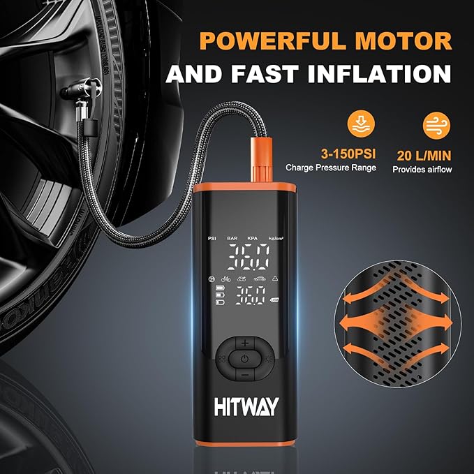 HITWAY Portable Electric Inflator Pump Supports up to 150PSI, fast inflation, suitable for car, motorcycle, bicycle tires and sports equipment, LCD display screen, USB charging, built-in LED light
