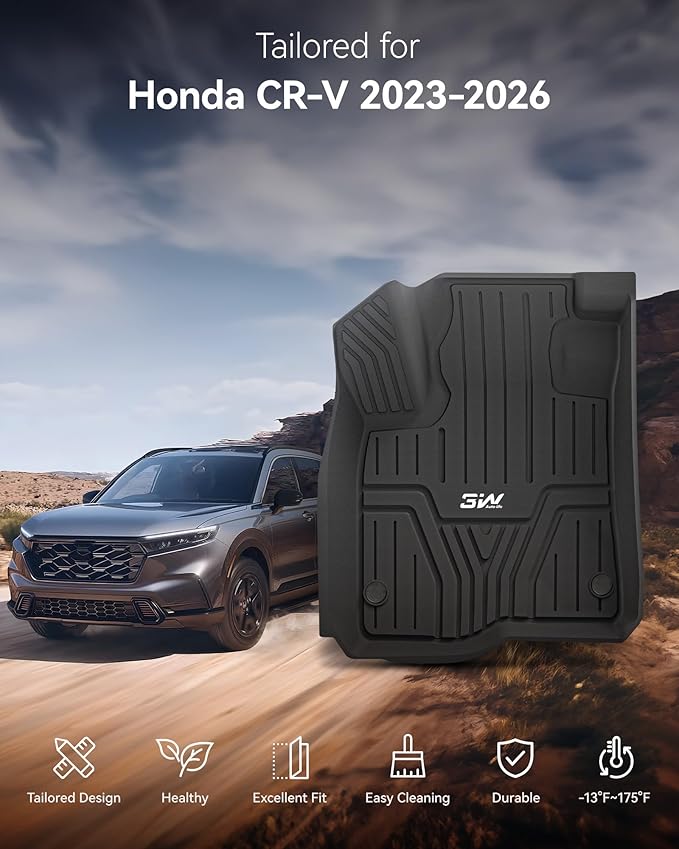 3W Floor Mats & Cargo Liner Fit for Honda CR-V 2023 2024 2025 2026 (Include Hybrid), All Weather TPE Custom Fit Honda CRV Floor Liner 1st, 2nd Row and Trunk (Upper Positon) Full Set Car Mats Black