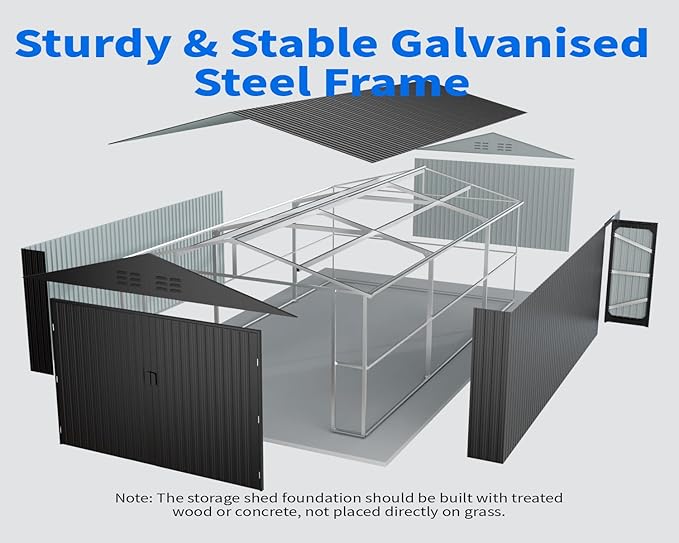 10x20 Metal Shed, Metal Garage Building with 2 Lockable Doors, Prefab Garage Shed with 4 Air Vents, Large Sheds & Outdoor Storage Clearance, Car Sheds for Truck, Tool, Lawnmower, Black