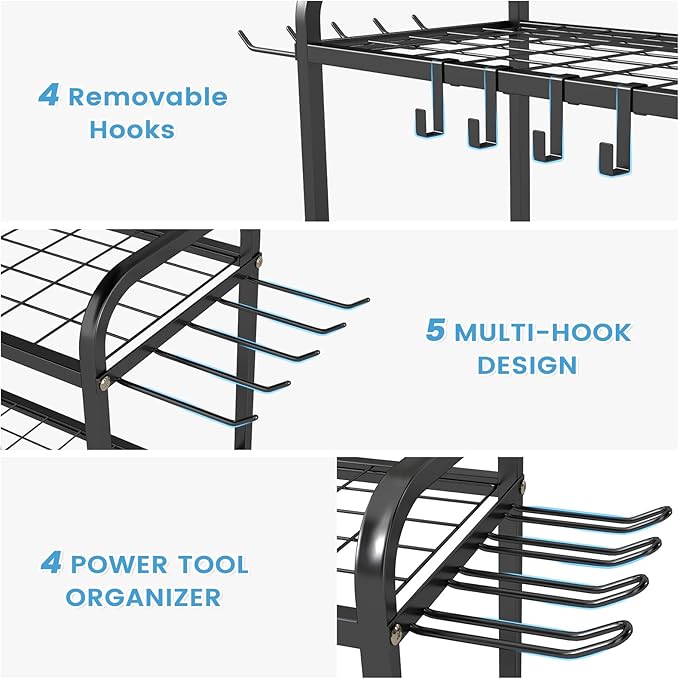 Hadulcet Garden Tool Organizer, Metal Garage Organization and Storage with Lockable Wheels, Garden Tool Rack with Storage Hooks, Heavy Duty Yard Tool Organizer for Garage, Shed, Lawn, Outdoor, Black