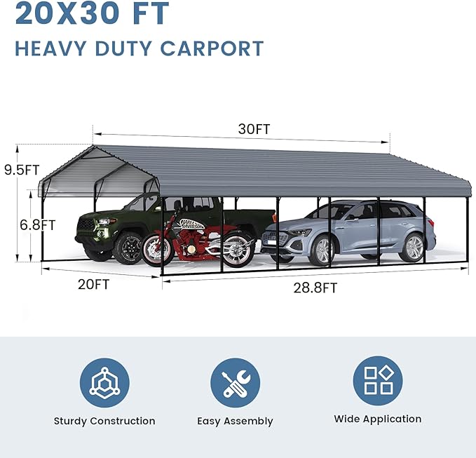 EROMMY 20x30 FT Metal Carport, Heavy Duty Carports with Galvanized Steel Roof and Frame, Sturdy Car Shed in All Weathers, Easy Assembly Car-Shelter for 2 Cars, SUV, Tractors and Boat, Gray
