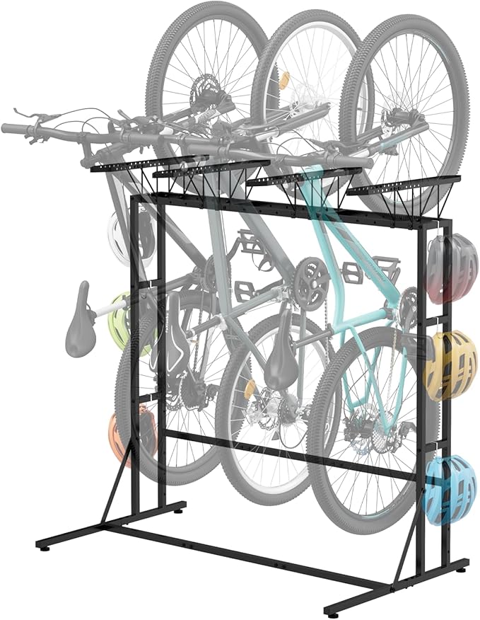OYEAL Bike Rack Garage Floor Bike Storage Stand with 6 Hooks, Indoor Vertical Bicycle Organizer for 3 Adult Mountain/Road &1 Kids Bikes, Max Tire Width 2.6”, Black