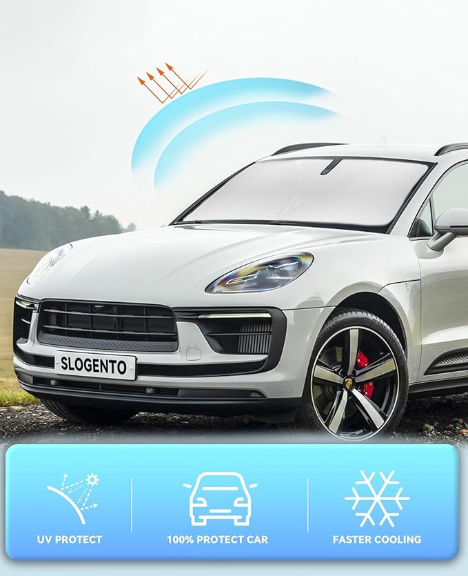 Car Sun Shade Windshield Sunshade for 2014-2024 2025 2026 Porsche Macan SUV Accessories Front Window Sun Shields Custom fit Macan Sunscreen Double Layers 240T Refleactor Sun Visor Blocks UV