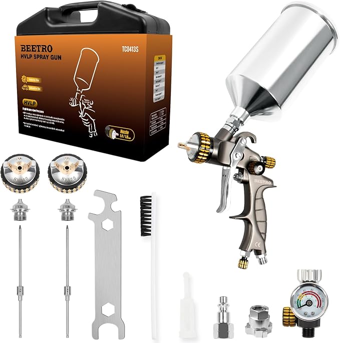 BEETRO HVLP Air Spray Gun with Storage Box, 1000ml Capacity 14.3CFM 29-32psi 1.4/1.8mm Nozzles Stainless Steel with Type 2 Adapter Professional Gravity Feed Sprayer Automotive