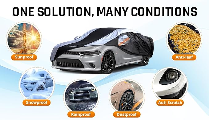 Dodge Charger Car Cover Waterproof All Weather with Silver Strip Design, Custom Fit for Dodge Charger 2006–2023, Charger Accessory with Door Zipper & Windproof Straps